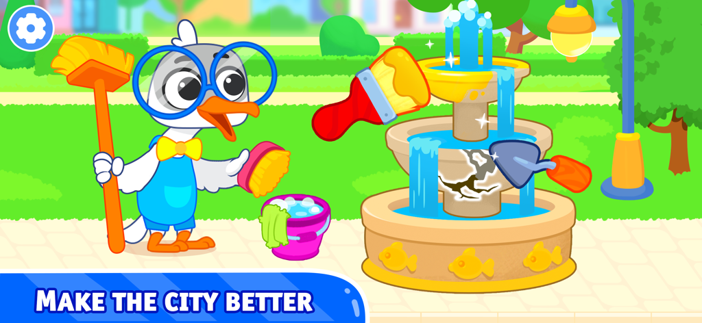 Um pato de desenho animado com óculos e gravata borboleta consertando e limpando uma fonte em um parque