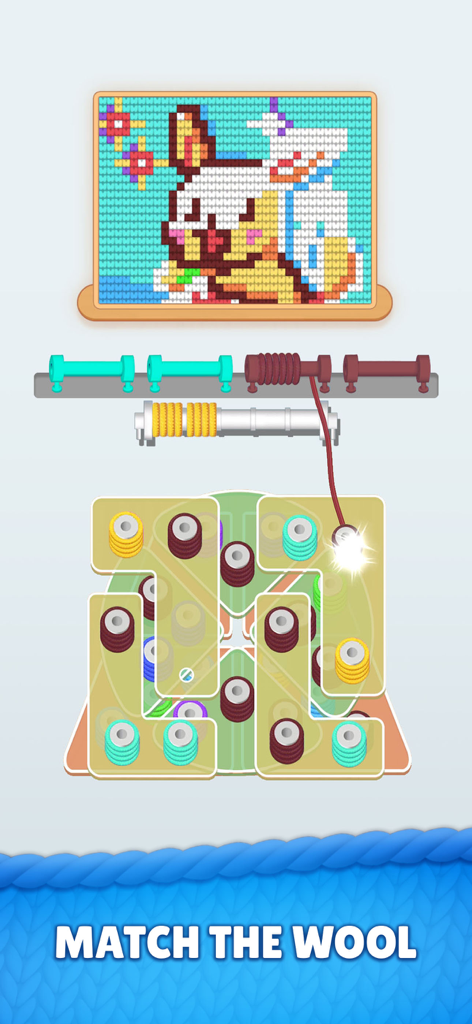 Yarnzle Stitch - A colorful wool sorting puzzle in the Yarnzle Stitch mobile game showing a knitted animal artwork