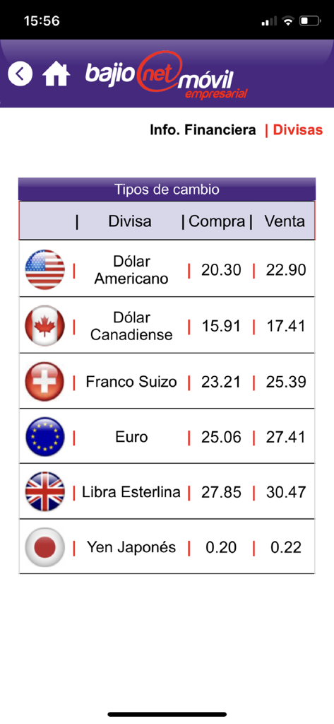 Tabla de tipos de cambio en la app Bajionet Movil Empresarial mostrando precios de compra y venta para el Dólar Estadounidense, Dólar Canadiense y Euro