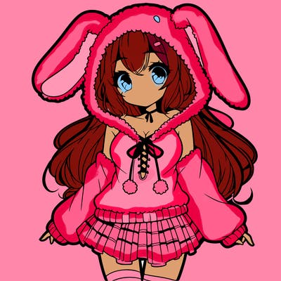 pretty anime girl wearing a fluffy hoodie with bunny ears on the hood and a skirt