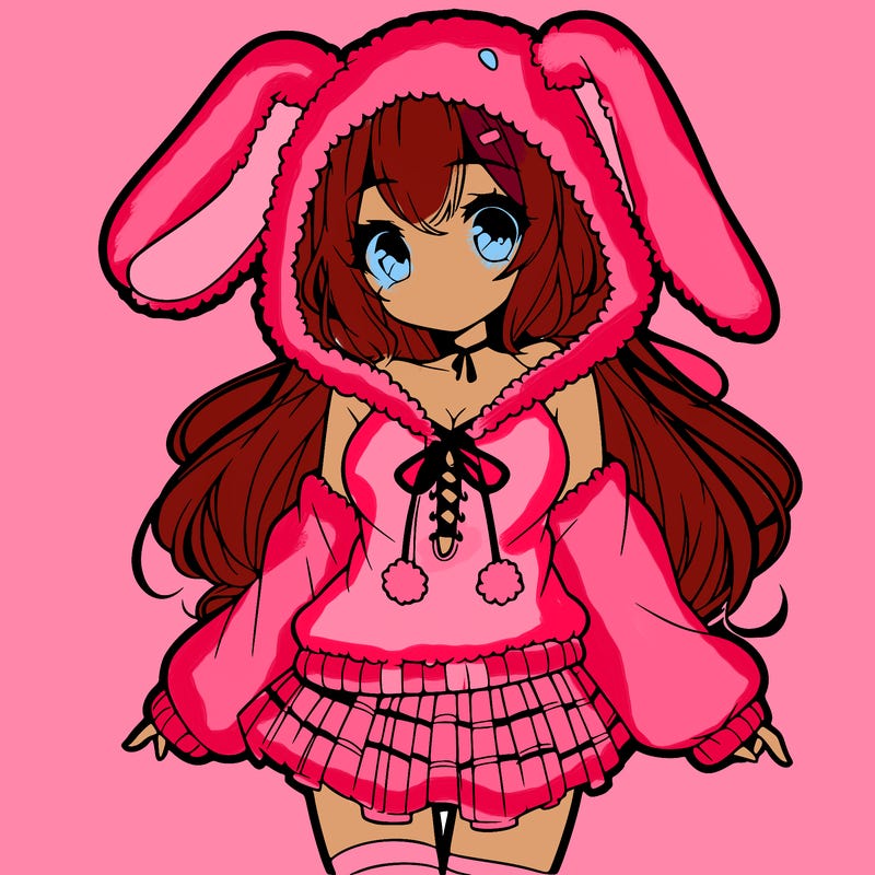 pretty anime girl wearing a fluffy hoodie with bunny ears on the hood and a skirt