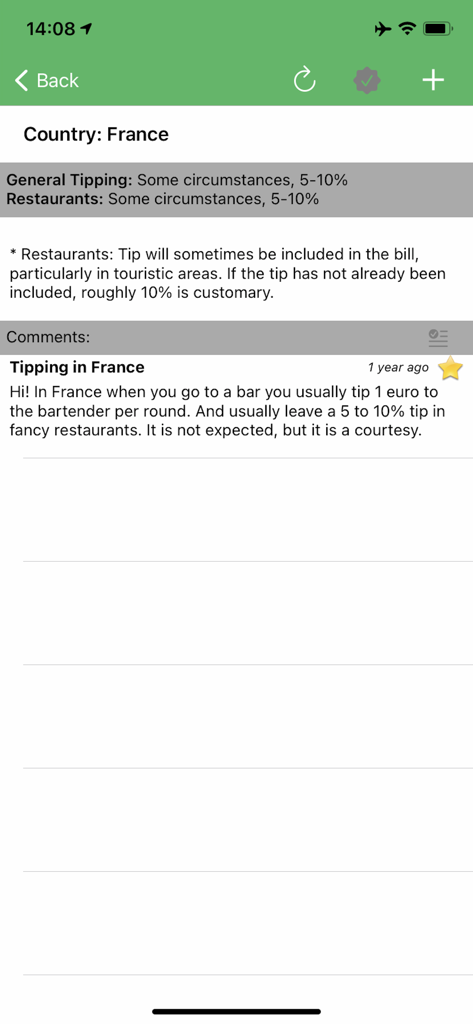 TipFox - A detailed tipping guide for France within the TipFox app showing etiquette and user comments.