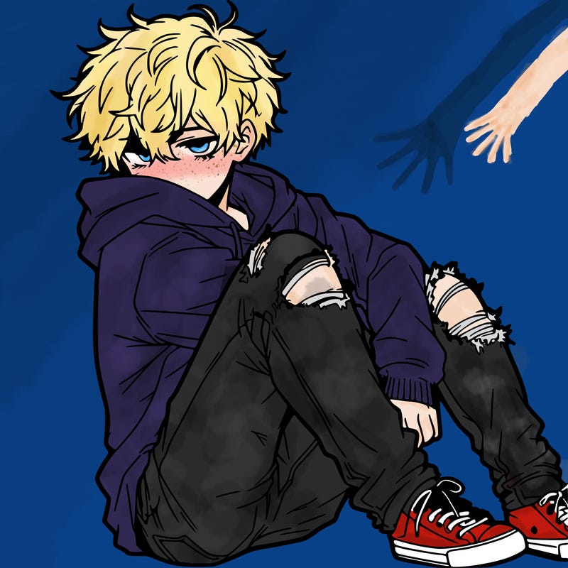 a male hoddie ripped jeans messy hair anime