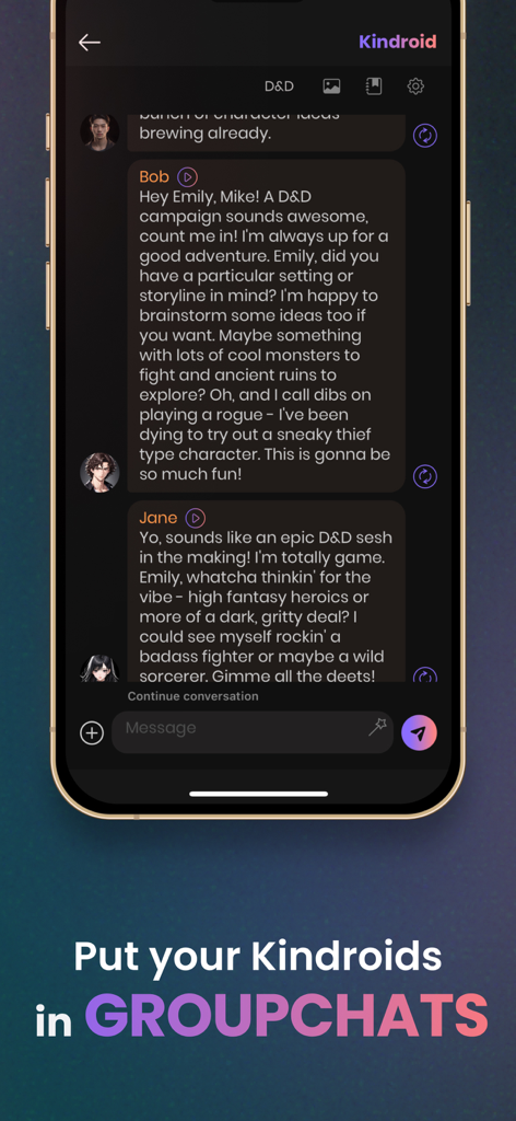 Kindroid: Your Personal AI - A group chat interface in Kindroid showing multiple AI personas discussing a D&D campaign