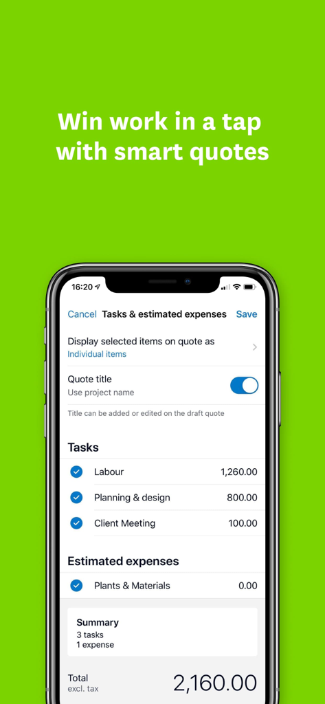 Xero Projects mobile interface for creating smart quotes with task and expense estimates