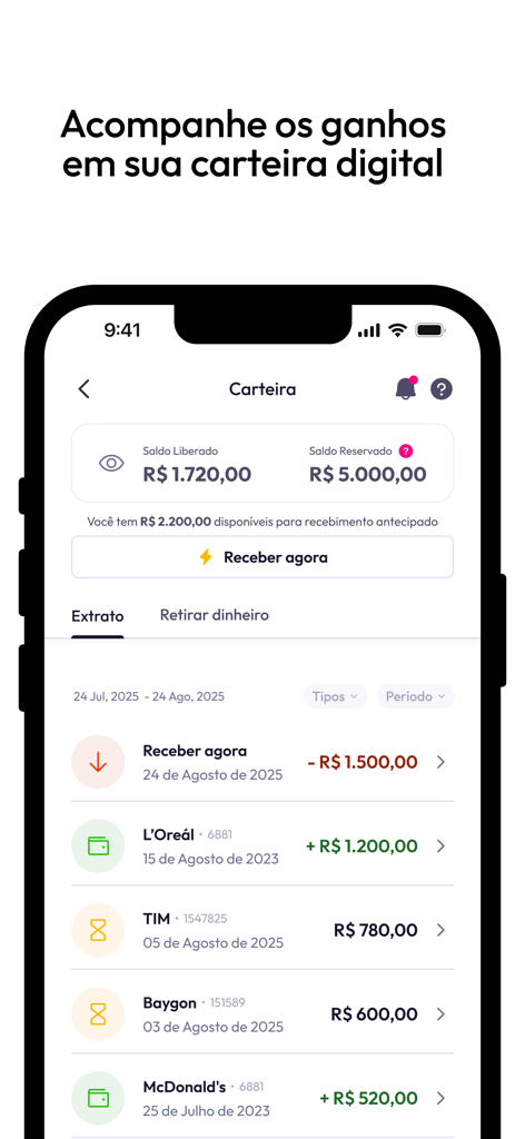 Interfaz de billetera digital en la aplicación BrandLovers que muestra los ingresos del creador y el historial de transacciones con las principales marcas
