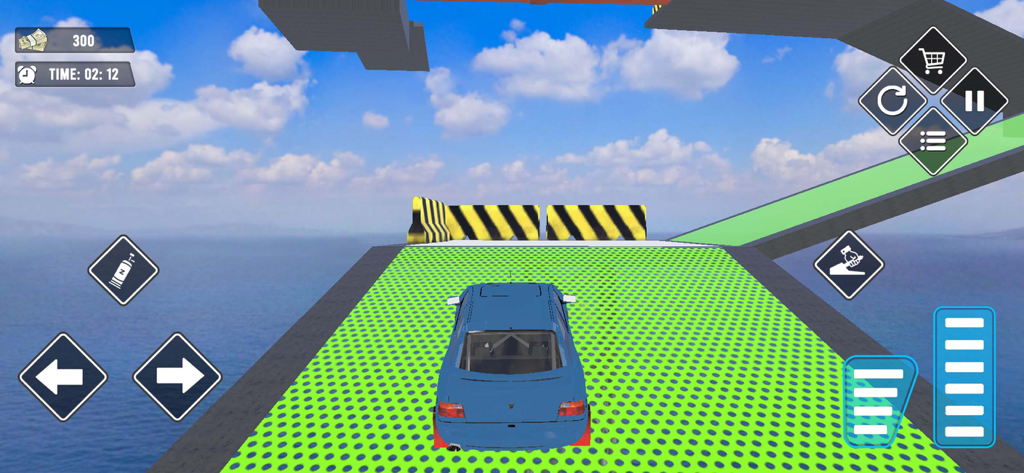 Car Driven to Saler Dealership - Blue car driving on a green platform over the sea in the Car Driven to Saler Dealership game