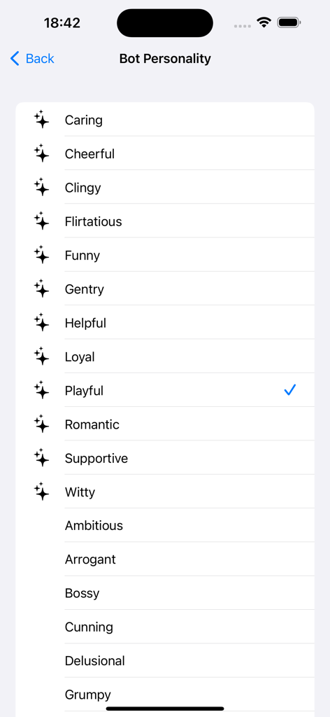 aiRoleBot: AI Role-Play Chat - A menu screen in the aiRoleBot app displaying a list of selectable AI personality traits like Caring, Flirtatious, and Playful.