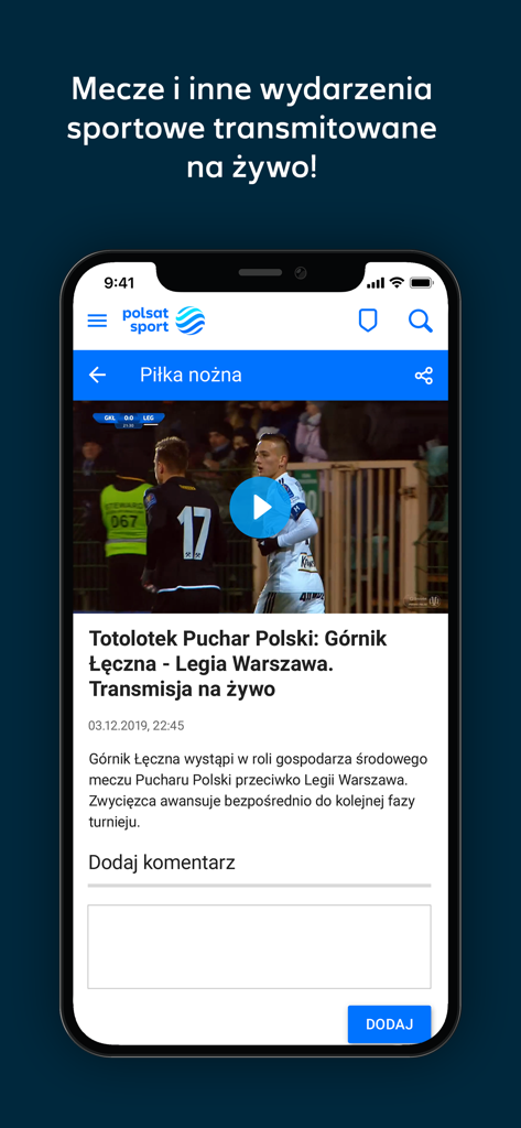 Polsat Sport mobile app interface showing a live soccer match between Gornik Leczna and Legia Warszawa with a video play button.