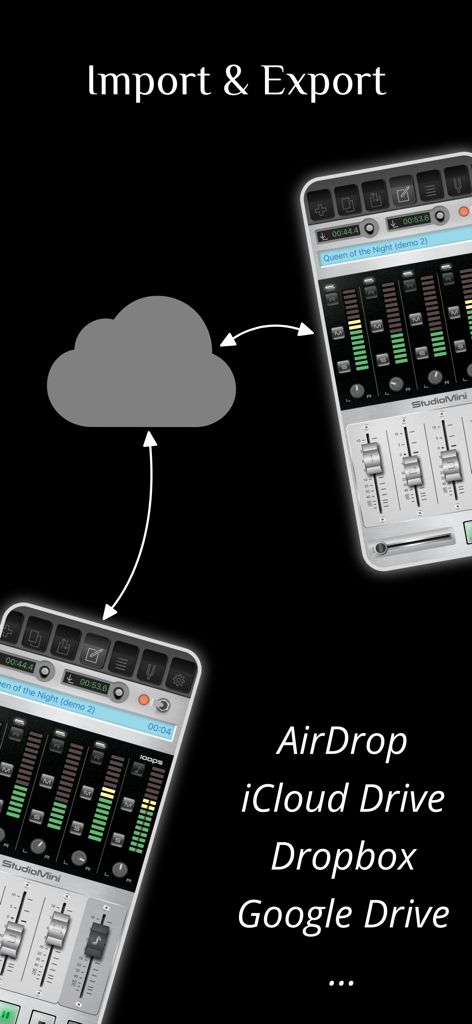 StudioMini - Music Recorder - StudioMini app screenshot demonstrating cloud storage integration for importing and exporting music files