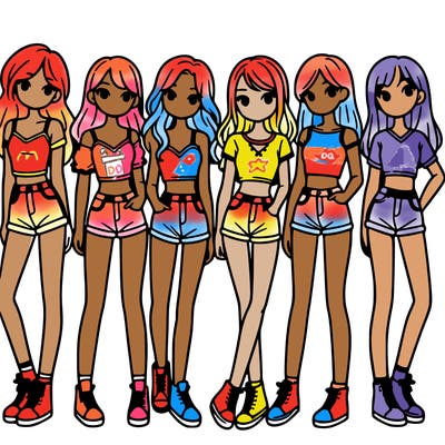 a group of girls wearing crop tops and shorts