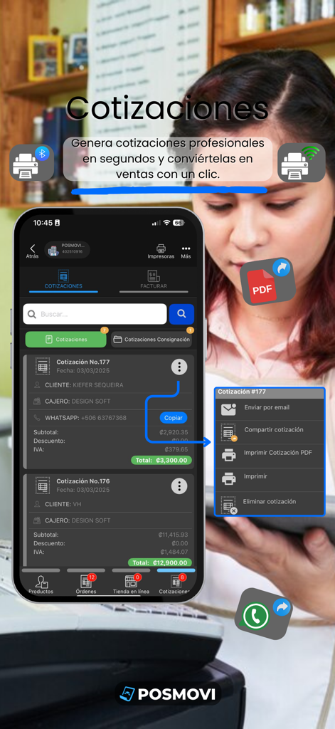 POSMOVI - A smartphone showing the POSMOVI app interface for creating and sending professional business quotes in Spanish.