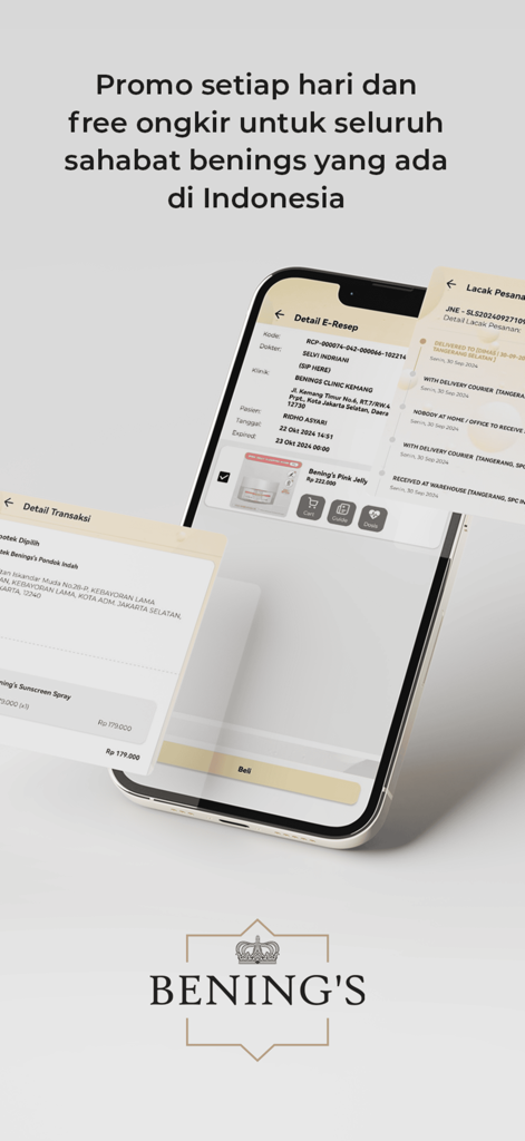 Bening's skincare app screens displaying electronic prescription details and order tracking.