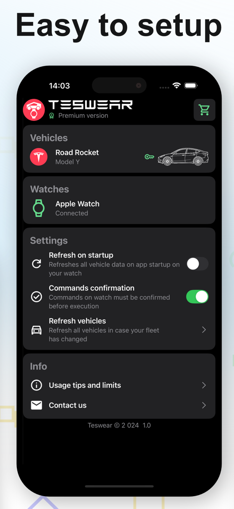 Teswear: Watch app for Tesla - Teswear app settings screen showing Tesla vehicle and Apple Watch connection status