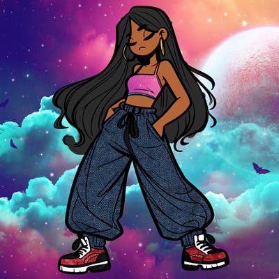 girl in baggy pants crop top and long hair