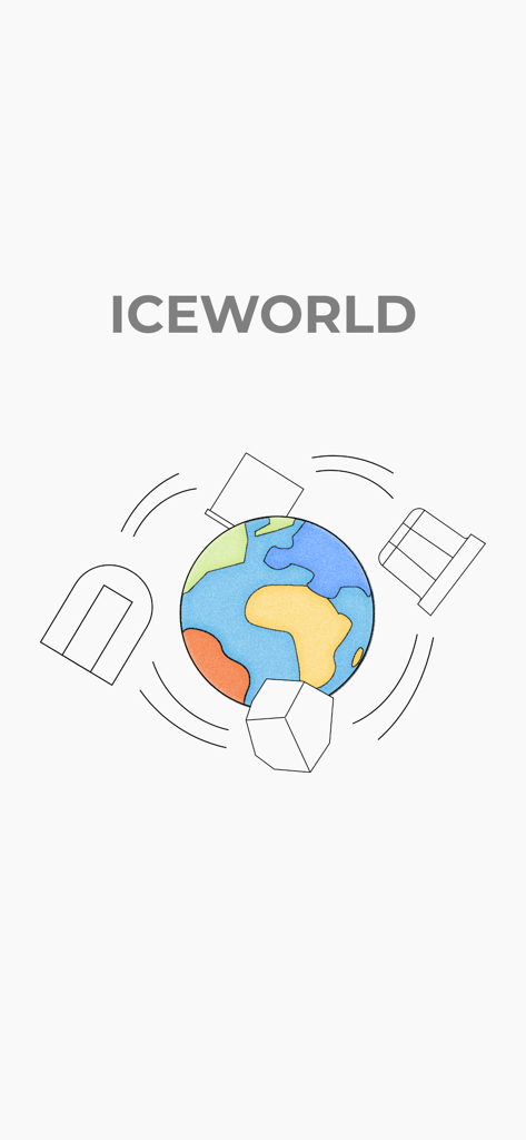 IceWorld - IceWorld app splash screen featuring a colorful globe and ice machine graphics