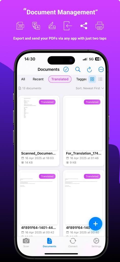 Pdf scan translateアプリの翻訳済みPDFライブラリを表示するドキュメント管理画面。