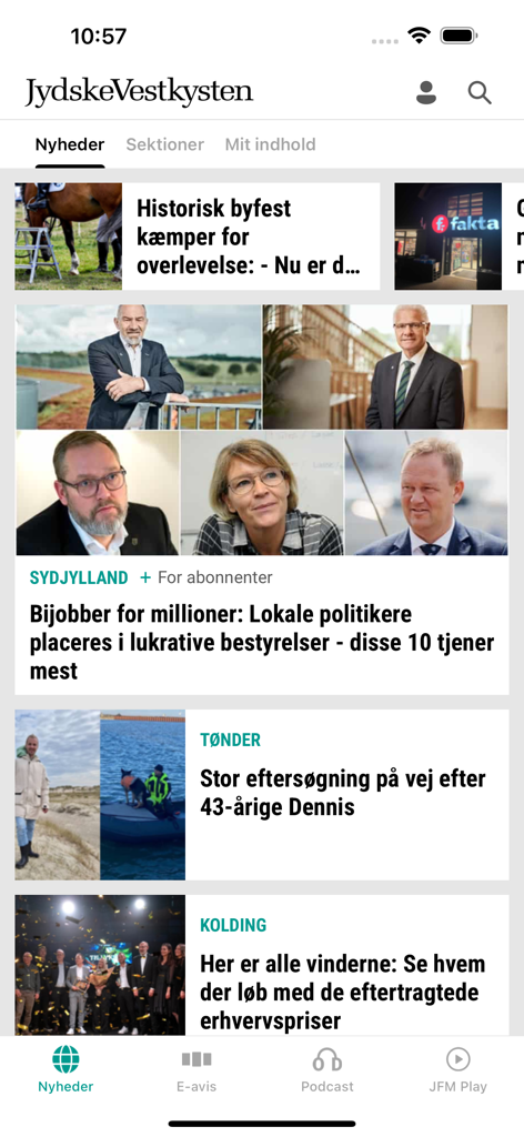 Hauptnachrichten-Feed der JydskeVestkysten-App mit Schlagzeilen aus Südjütland