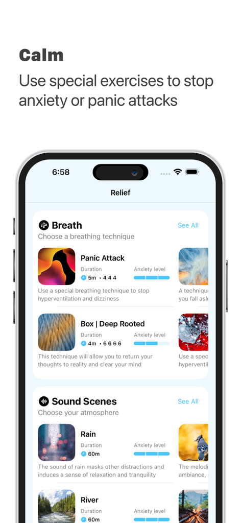 Pantalla de la aplicación de alivio de la ansiedad que muestra ejercicios de respiración y escenas de sonido.