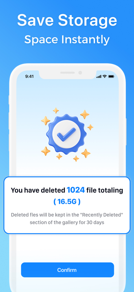 Smart Cleaner: AI Clean Up - Smart Cleaner 앱 확인 화면에 천 개 이상의 파일을 삭제한 후 16.5GB의 저장 공간을 확보했음을 보여줍니다.
