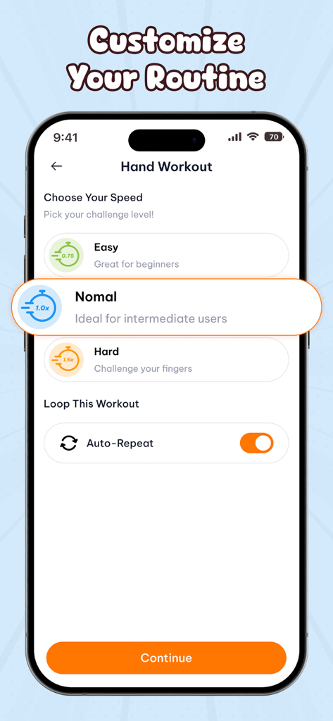 Mobile app screen for hand workout customization showing speed levels and auto repeat settings