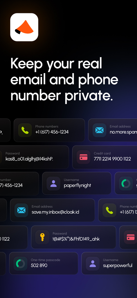 Cloaked app screen featuring the text Keep your real email and phone number private and icons for secure digital aliases