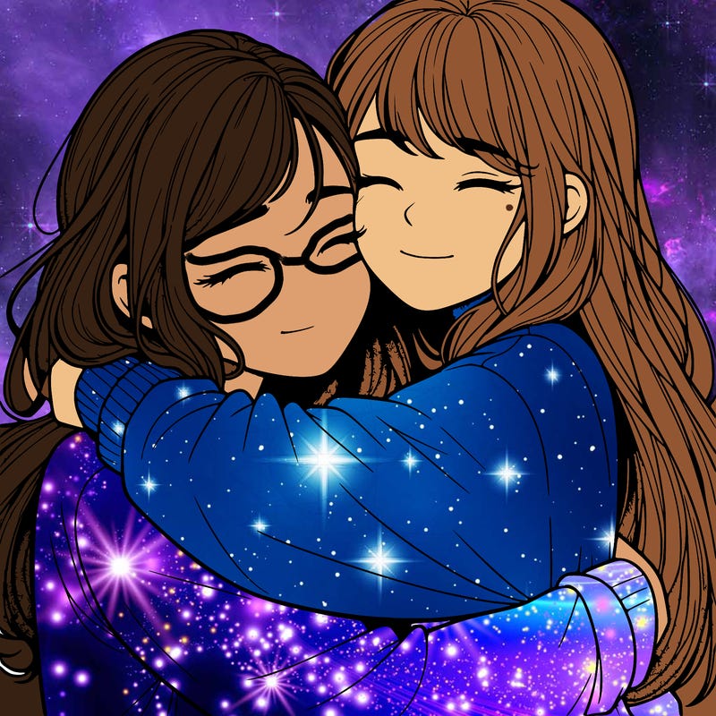 realistic two girls hugging