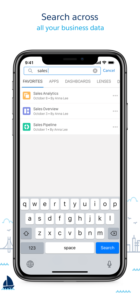 Interface de pesquisa do aplicativo móvel Salesforce CRM Analytics para dados de negócios.