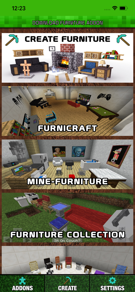 Screenshot of the Furniture Addons for Minecraft app menu showing various furniture packs like Furnicraft and Mine-Furniture