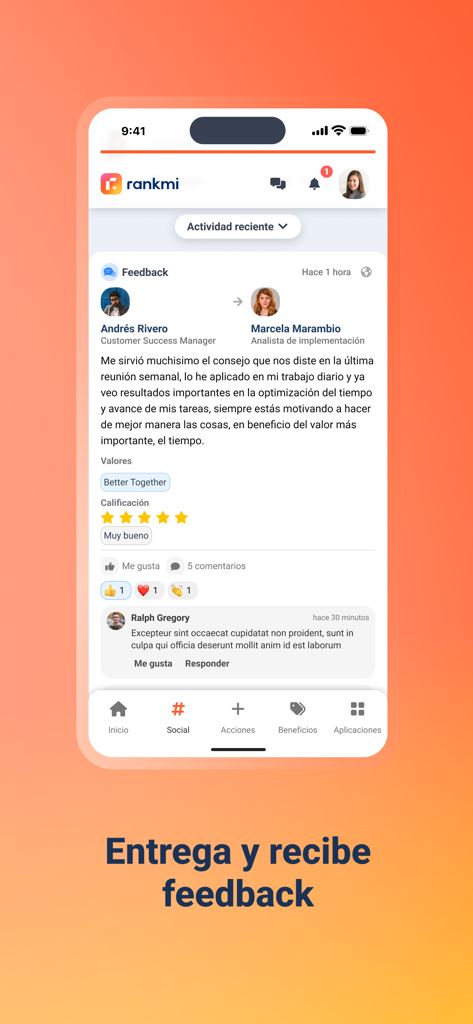 Interfaz de la aplicación móvil Rankmi que muestra un feed social para dar y recibir feedback y reconocimiento de empleados.