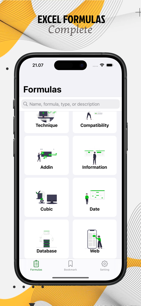 Excel Formulas Complete - Interfaz de la aplicación móvil de Fórmulas de Excel Completas que muestra categorías de fórmulas y una barra de búsqueda para los usuarios.