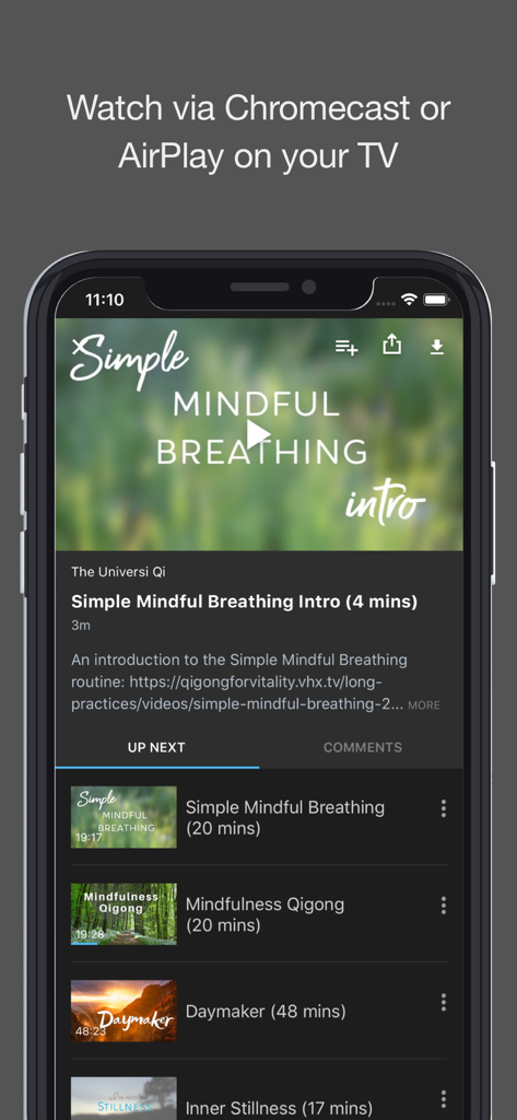 Video player interface of the Think Vitality app showing a mindful breathing intro routine with casting options and a playlist