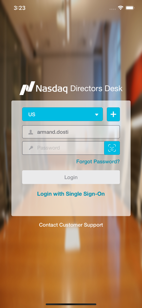Directors Desk - Login screen of the Nasdaq Directors Desk app featuring username and password fields with Face ID and Single Sign-On options
