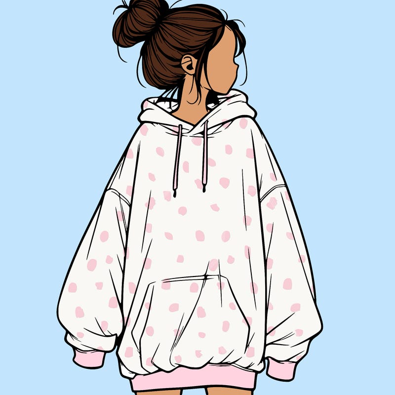 realistic girl with a oversized sweatshirt on and a bun