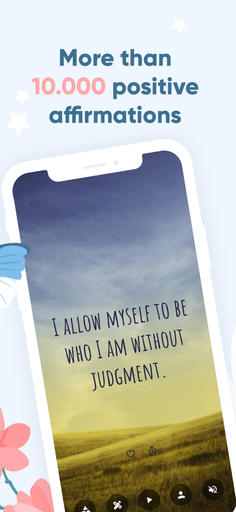 A smartphone displaying a positive affirmation about self-acceptance over a peaceful landscape background