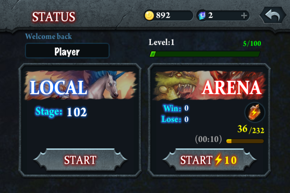 Tela de modo de jogo Fort Conquer mostrando os modos de jogo Local e Arena