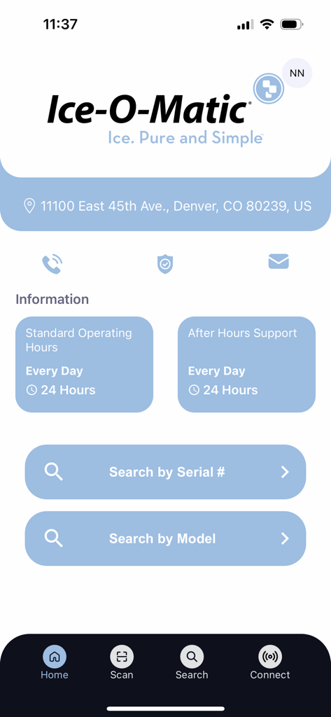 Pantalla de inicio de la aplicación Ice-O-Matic para técnicos que muestra el horario de soporte y las opciones de búsqueda de máquinas.