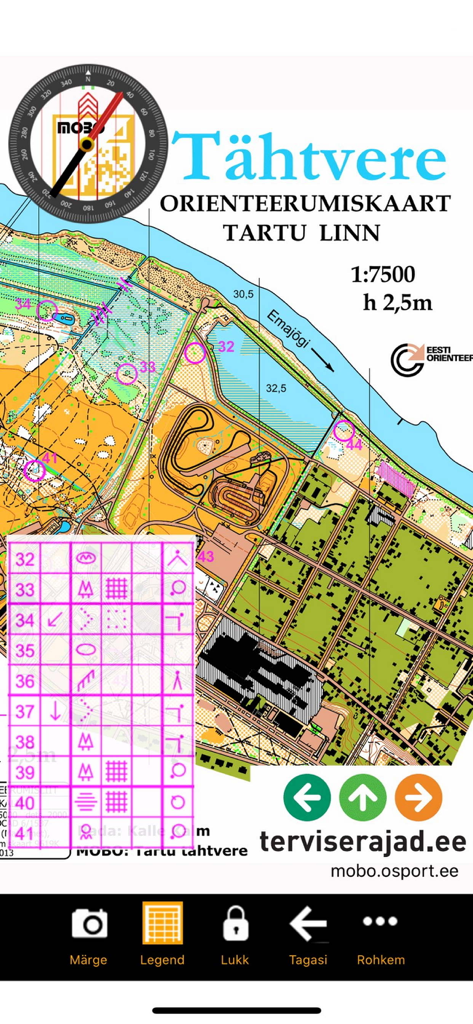 MOBO app interface showing a topographic orienteering map with a digital compass and course checkpoints.
