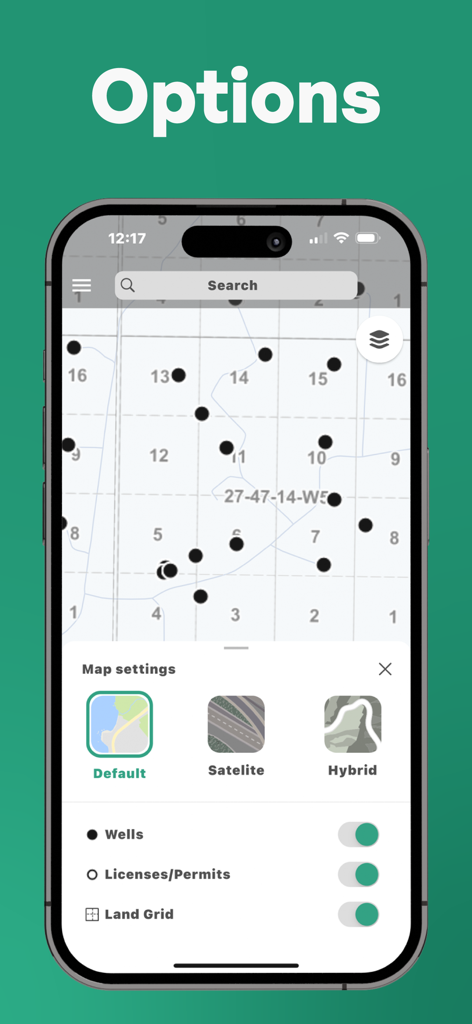 Well Finder - GeoActivity - Screenshot of the Well Finder app displaying map settings for satellite views and well toggles