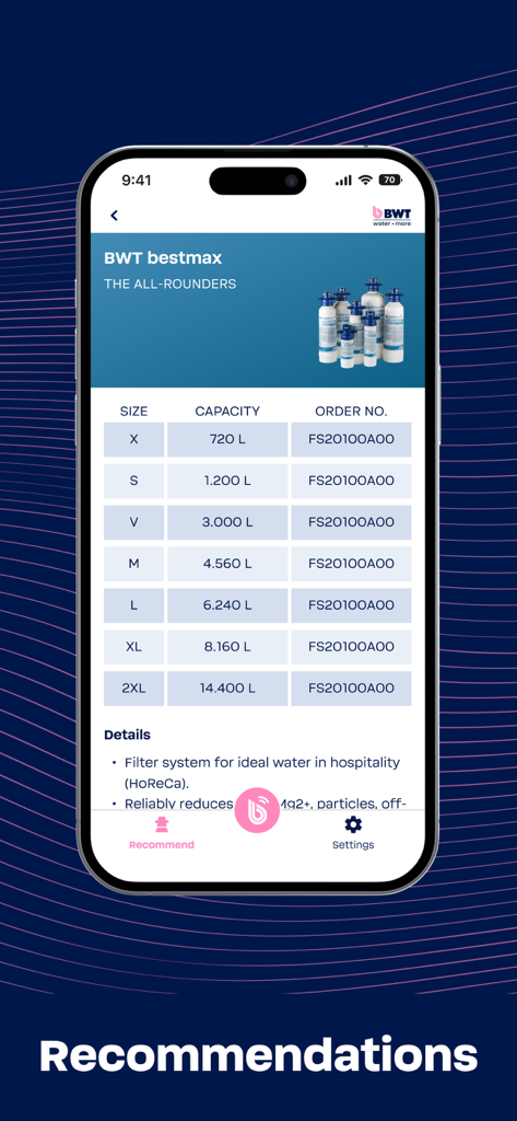 Aplicativo BWT Best Water Professional mostrando uma tabela de tamanhos e capacidades de filtros de água