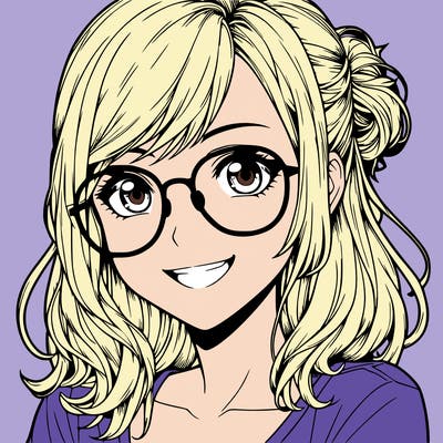 realistic girl with glasses smiling, eyes open