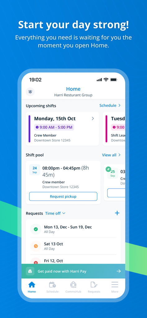 TeamLive app dashboard displaying upcoming work shifts and shift pool options for hospitality staff