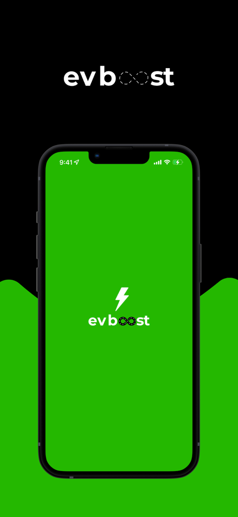 EV Boost - EV Boost charging app splash screen with logo on a green mobile display