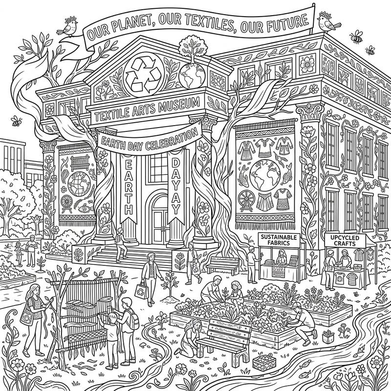 Immerse yourself in a vibrant Earth Day celebration at the Textile Arts Museum. This detailed coloring page showcases sustainable crafts, gardening, and environmental themes, perfect for an engaging artistic journey.