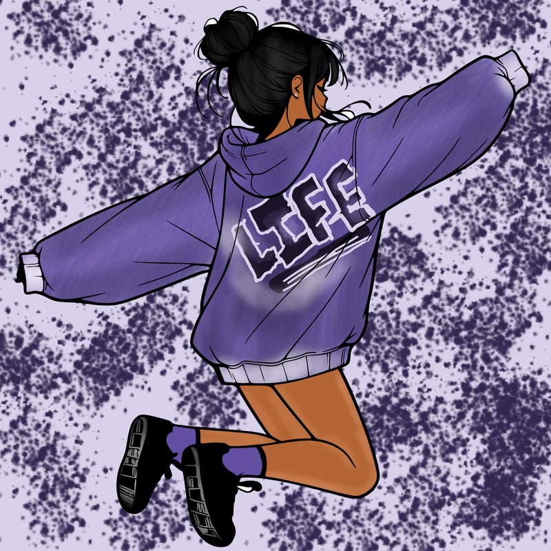 realistic girl jumping with a bun and oversized sweatshirt