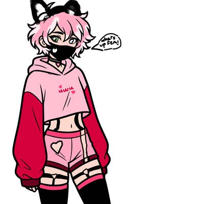 femboy with short hair wearing thigh highs and baggy crop top