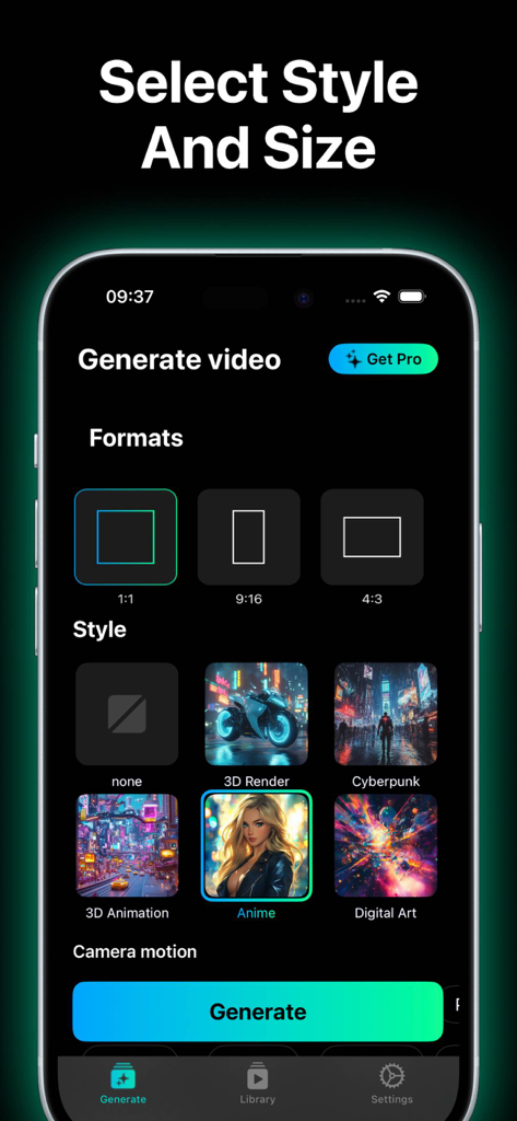 AI Video Generator: Video AI - AI 동영상 생성기 앱 인터페이스가 동영상 형식 및 애니메이션, 사이버펑크와 같은 예술적 스타일을 선택하는 옵션을 보여줌