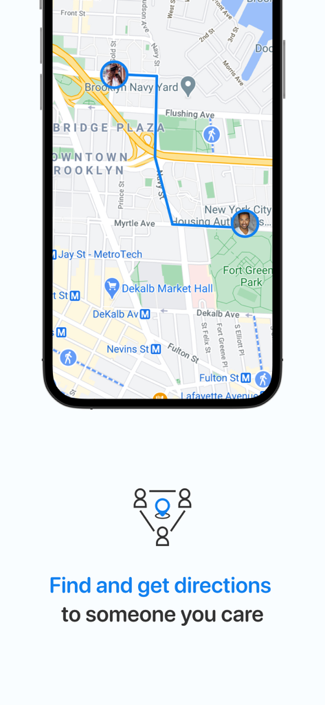 Trackimo + - Map view in Trackimo Plus app showing real-time location and directions to a tracked person