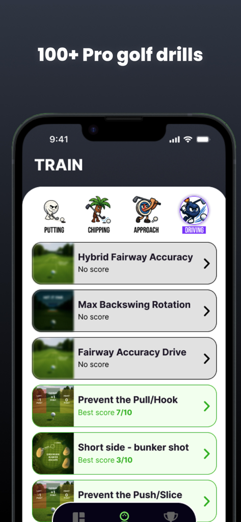 Pro Golf Training - A mobile interface for Pro Golf Training app displaying various professional golf drills for putting, chipping, and driving.