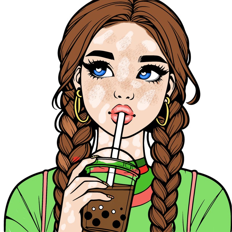 realistic girl with braided hair drinking boba